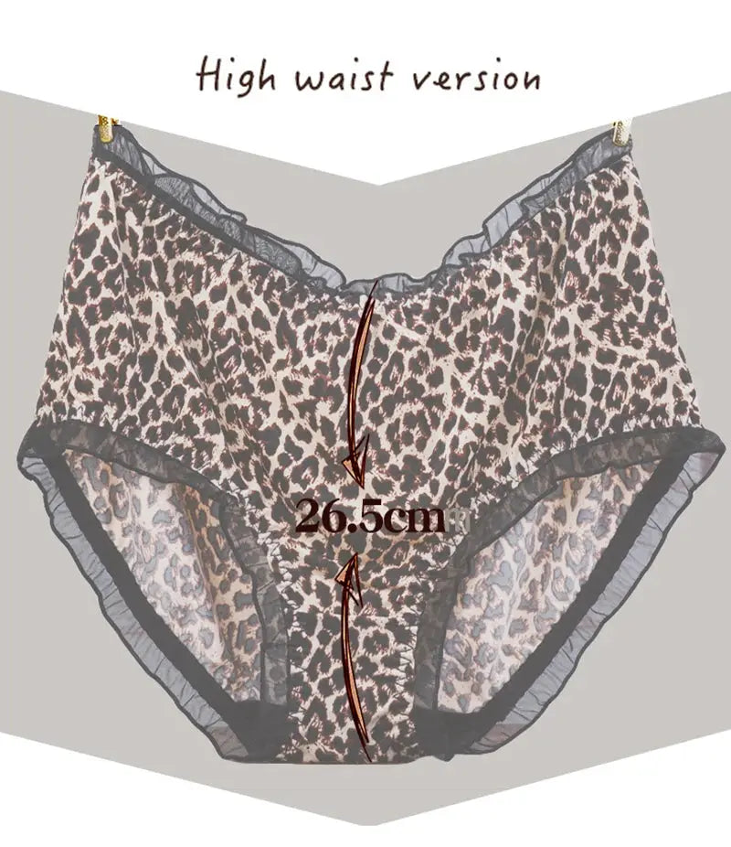 Leopard-print high-waist panties with black lace trim, seamless briefs for women, 26.5 cm length