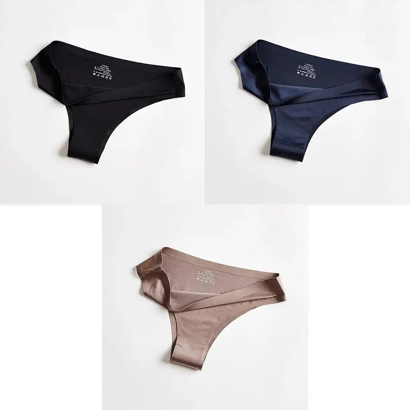 Simples Market women's seamless thong underwear set of three in black, navy, and taupe ice silk