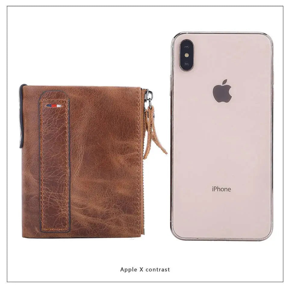 Men's brown leather short card holder wallet with zipper; wallet and iPhone shown for scale