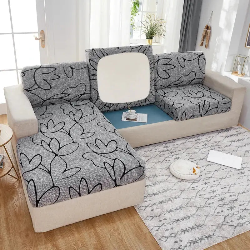 Simples Market geometric sofa cover for corner sofa, gray fabric with black leaf pattern, elastic slipcover for pets