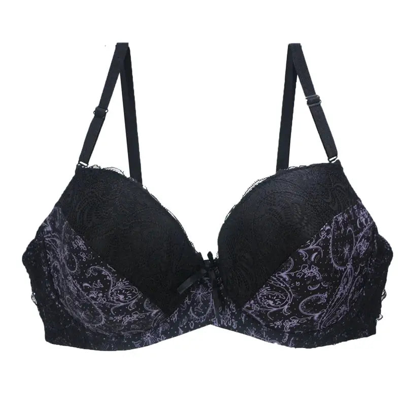 Lace push-up bra by Simples Market, black with purple floral pattern, adjustable straps.