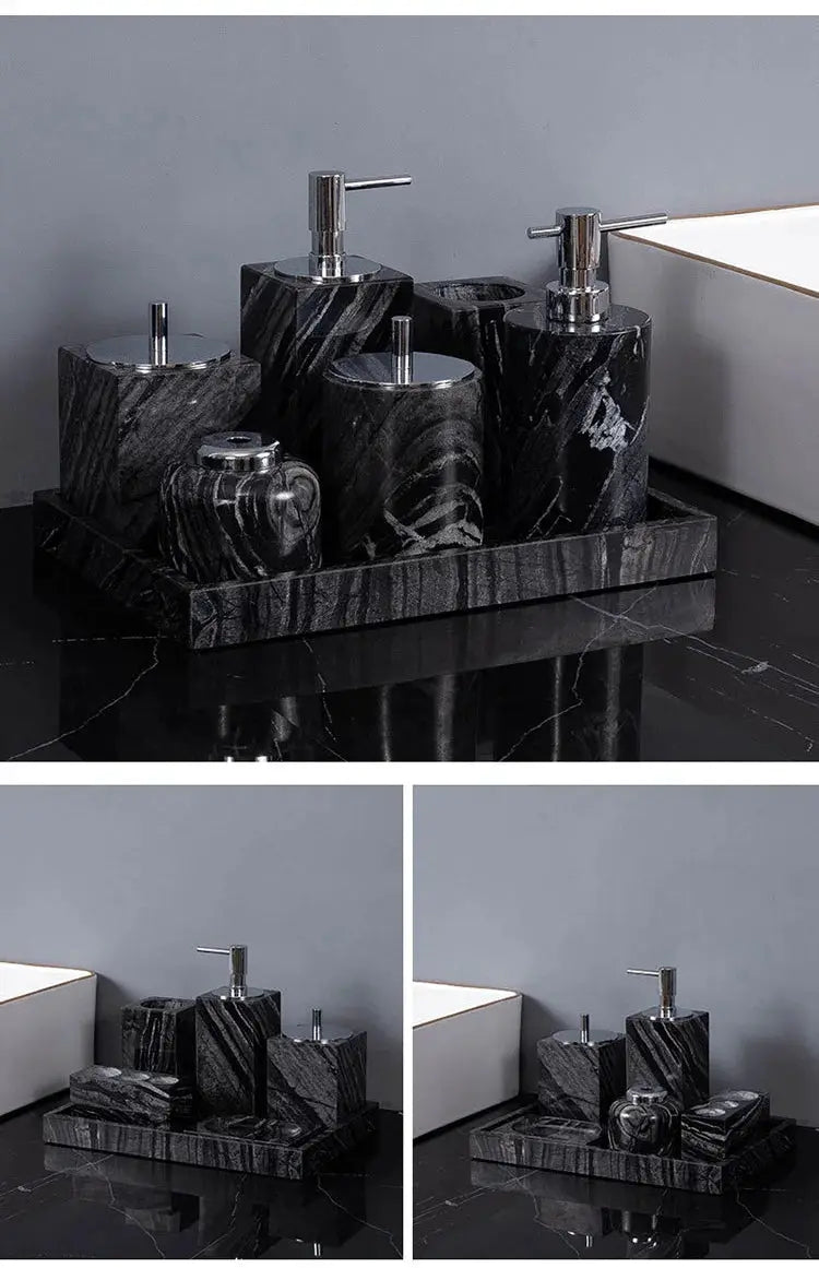 Five-piece ancient wood-grain natural marble bathroom set with soap dispenser, toothbrush holder and tray.
