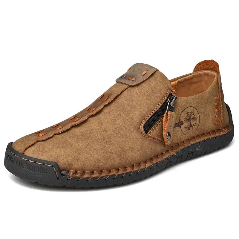 Handmade leather men’s casual slip-on moccasin by Simples Market in tan with black sole