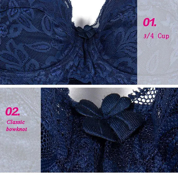 Women's navy blue lace underwire push-up bra with center bow detail