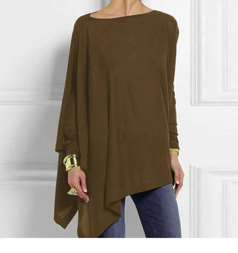 Cotton irregular women's blouse in olive brown, long-sleeve pullover with uneven hem