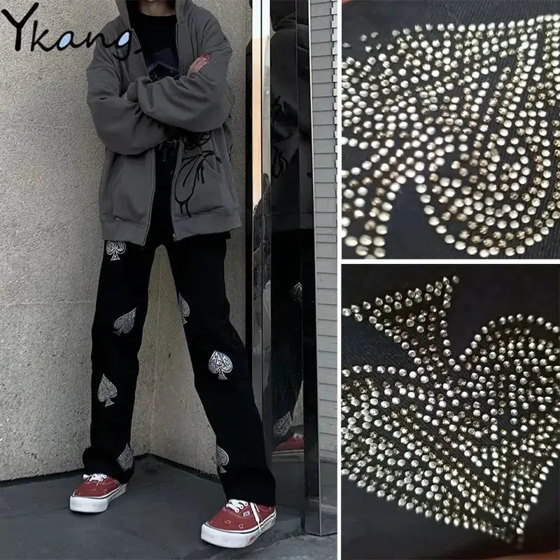 Ykang women’s casual outfit: gray oversized jacket and black pants with silver rhinestone leaf patterns