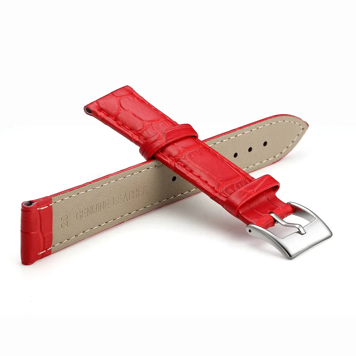 Watch bands, two-piece set in red crocodile-embossed genuine leather with stainless steel buckle for 12–24 mm watches
