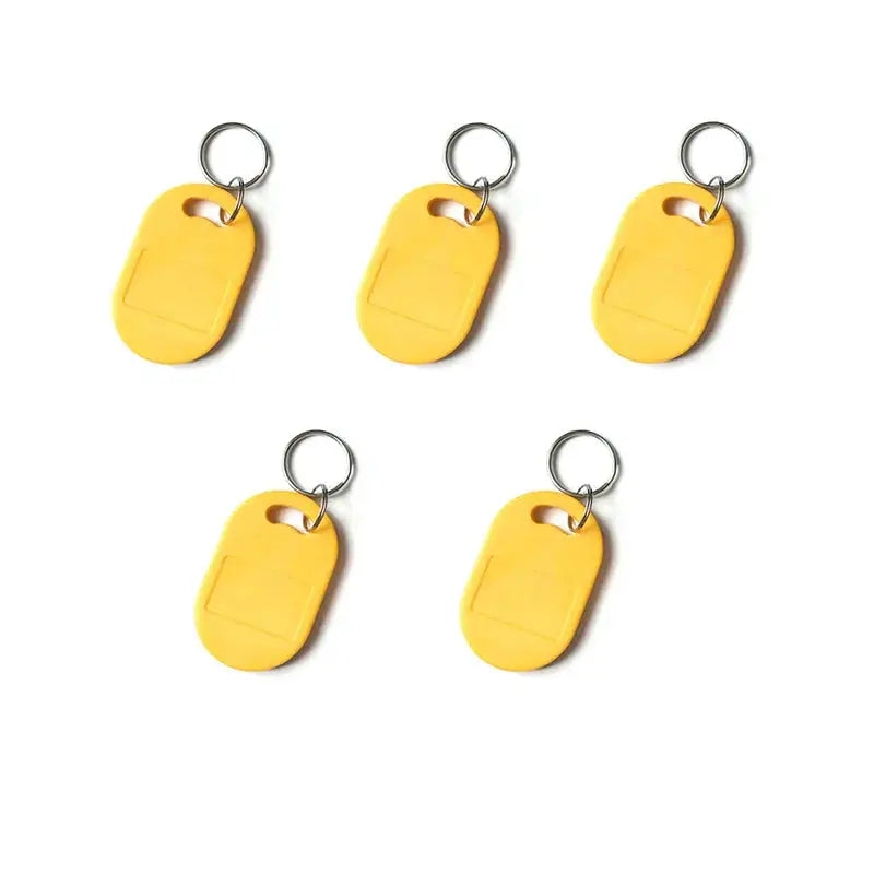 Yellow RFID key fob tags, five pieces shown, rewritable dual-chip (125kHz/13.56MHz)