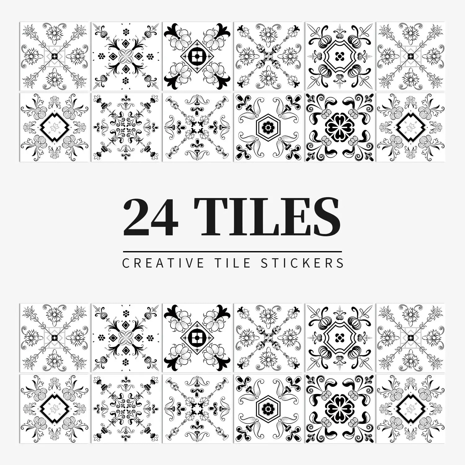 24-piece tile sticker set with black-and-white ornate patterns; waterproof, self-adhesive wall decals for kitchen and bathroom