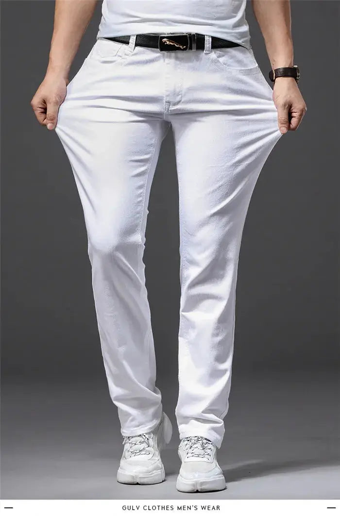 Men's white jeans, slim-fit casual trousers with soft stretch fabric, Simples Market