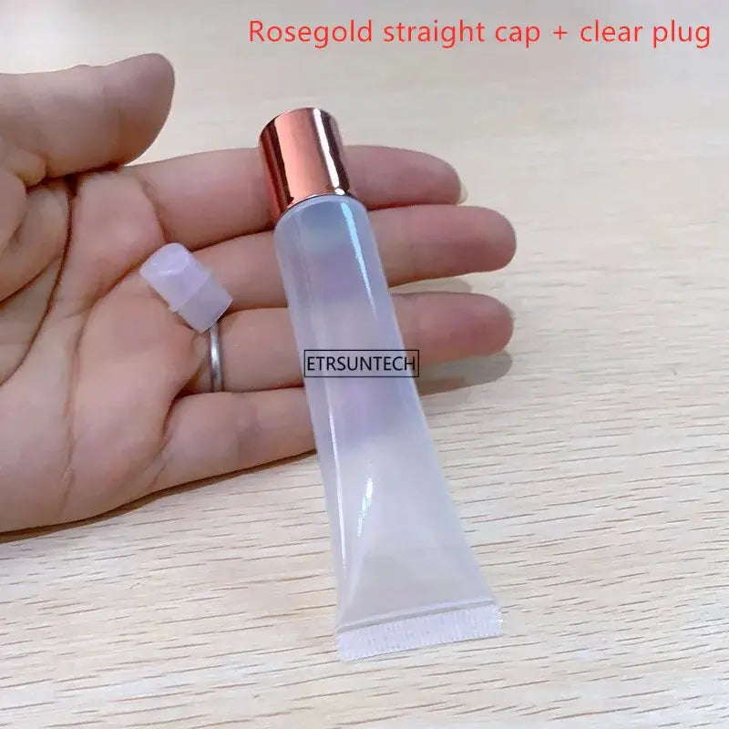 Clear lip gloss tube with rose-gold cap and clear plug, ETRSUNTECH brand