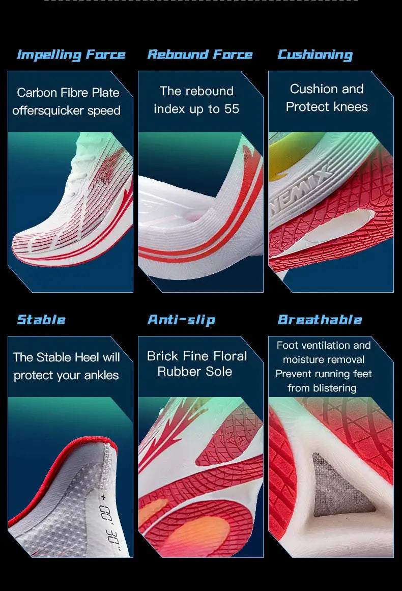Onemix running shoes in white with red accents; breathable mesh, carbon fibre plate, cushioned anti-slip sole