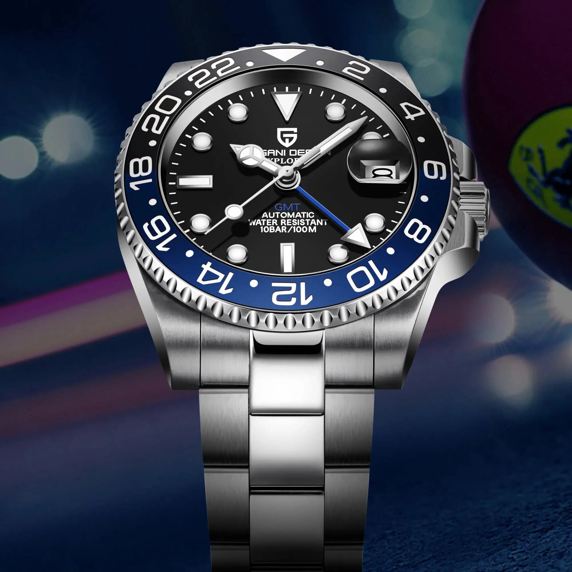 PAGANI DESIGN men's luxury GMT automatic watch with stainless steel bracelet and sapphire glass