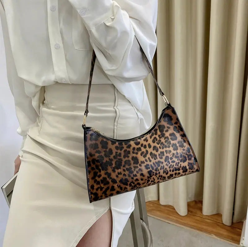 Leopard print PU leather women's shoulder bag with brown strap