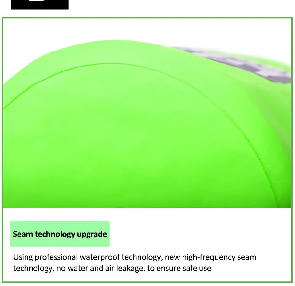 PVC waterproof dry bag in neon green fabric with visible seam and seam upgrade label.