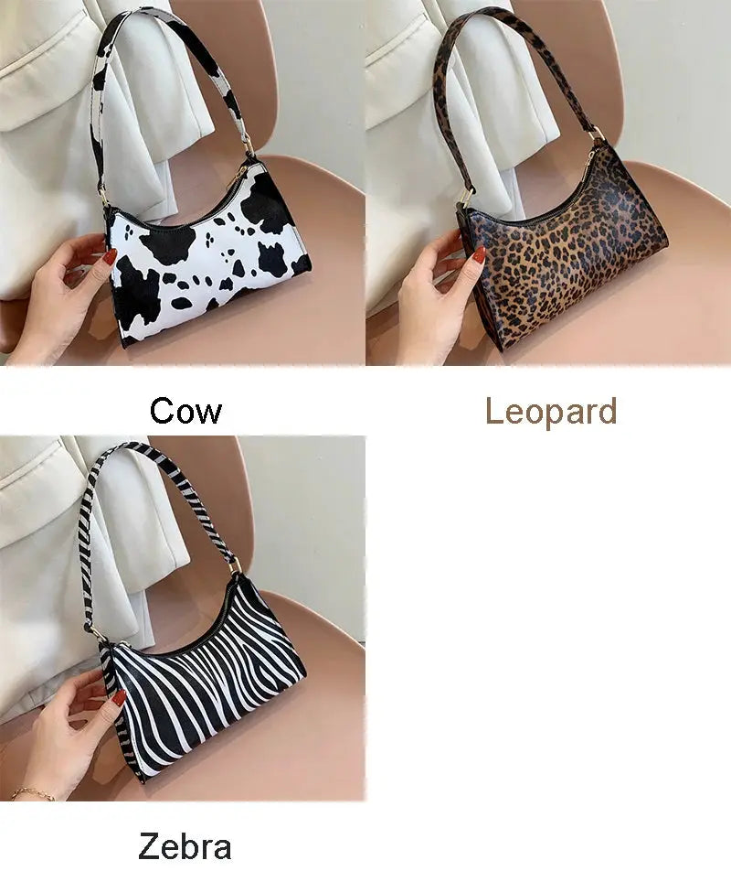 Shoulder bags in PU leather from Simples Market: a set of 3 bags in cow, leopard, and zebra prints