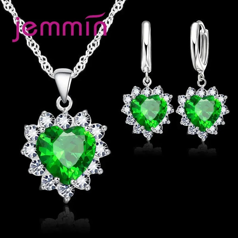 Yaameli 925 Silver Heart Pendant Necklace And Hoop Earrings Jewelry Set For Women Engagement Anniversary Gift