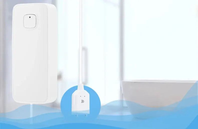 Tuya Smart flood leakage sensor by Simples Market; white WiFi water leak detector with wall-mounted unit and plug-in sensor