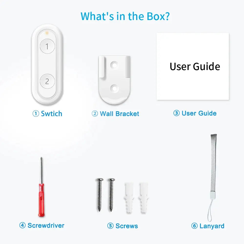 LoraTap ZigBee 3.0 six-button wireless remote kit in white with wall bracket, screws, screwdriver, lanyard, and user guide