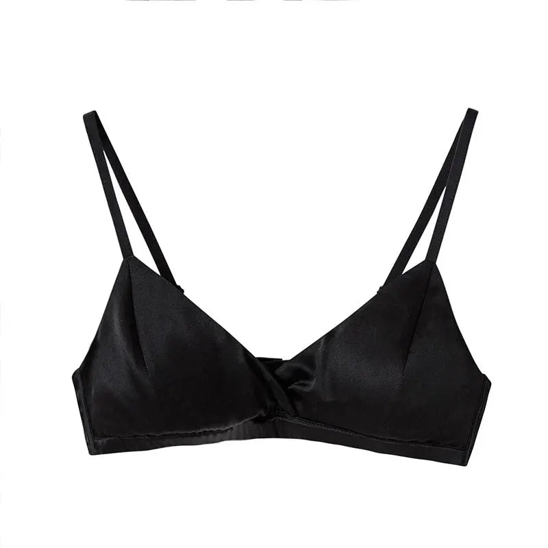 SuyaDream wire-free silk bra in black with dual straps and front knot by Simples Market