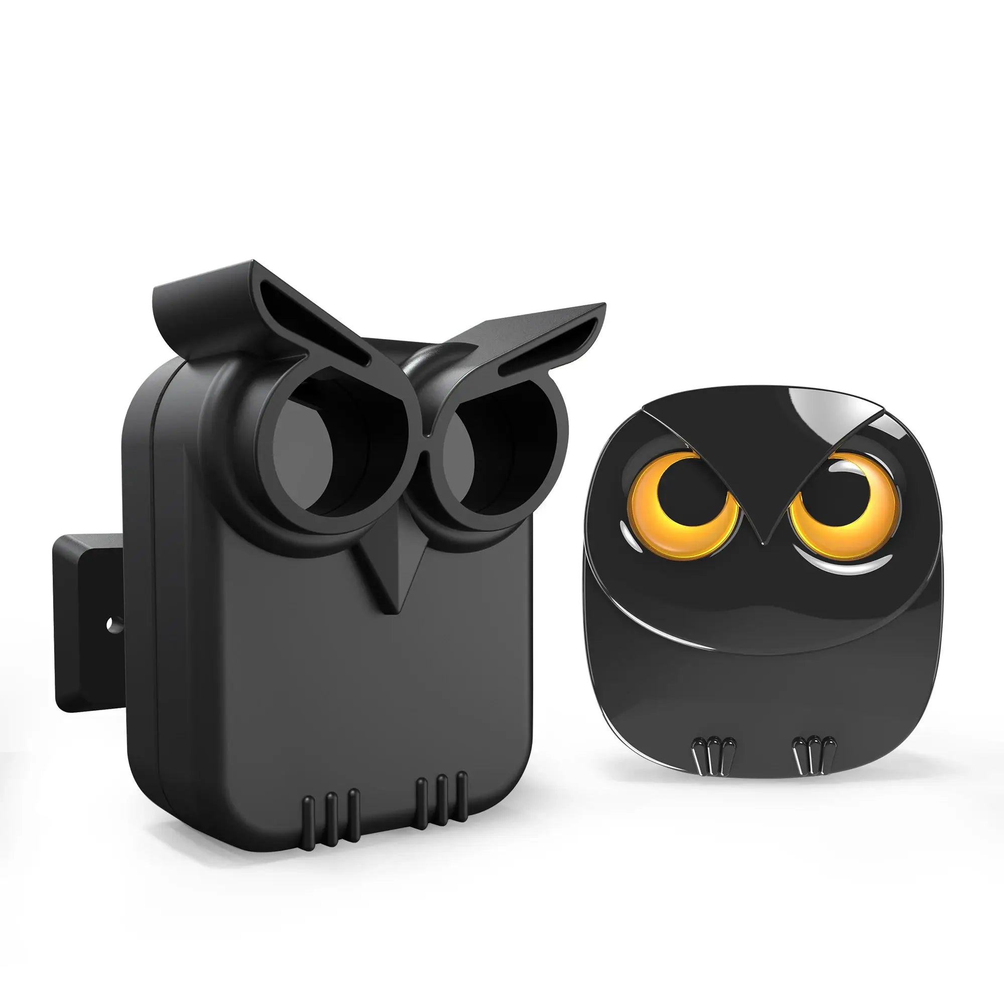 HTZSAFE wireless driveway alarm kit; two black devices: PIR motion detector and siren with orange ring.