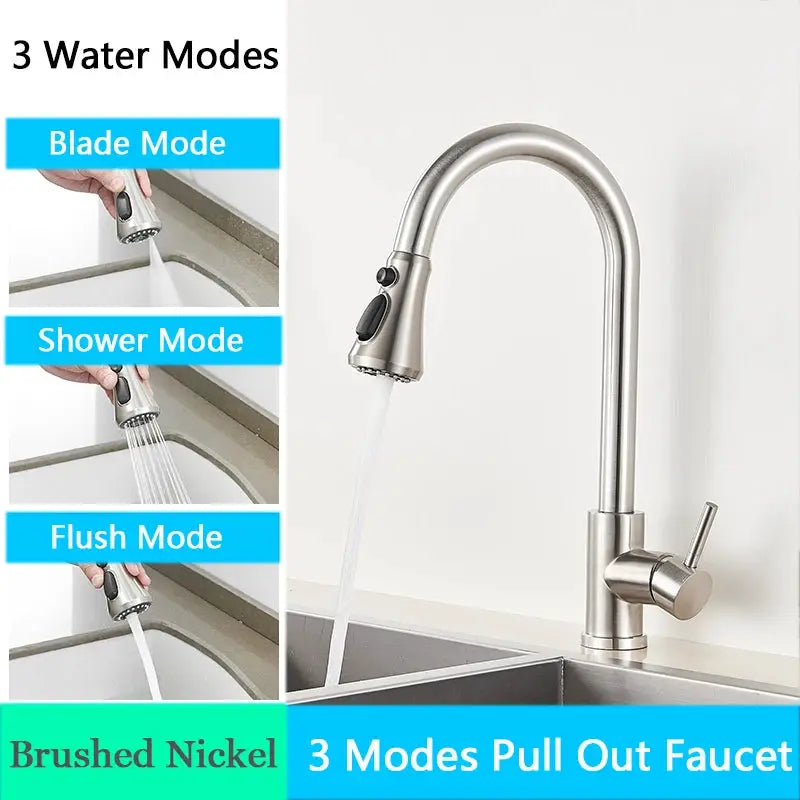 Brushed nickel kitchen faucet with flexible pull-out spray head and three water modes: blade, shower, flush.