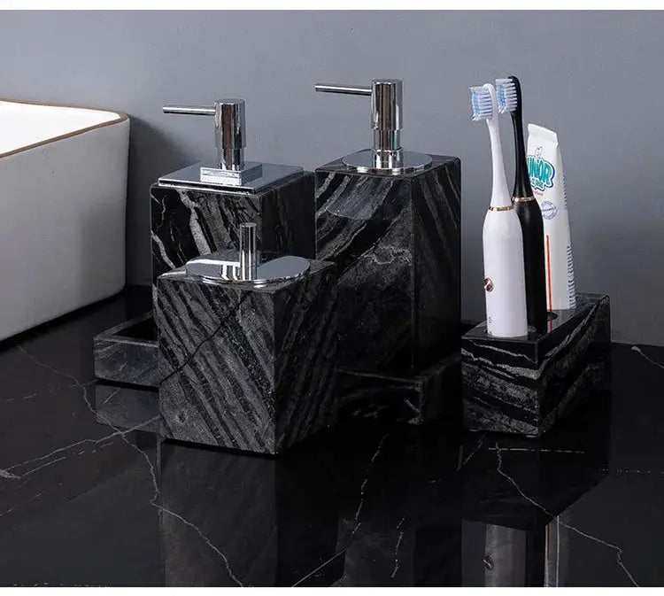 Ancient wood-grain marble bathroom set with soap dispenser, toothbrush holder, and tray in black stone with chrome pumps