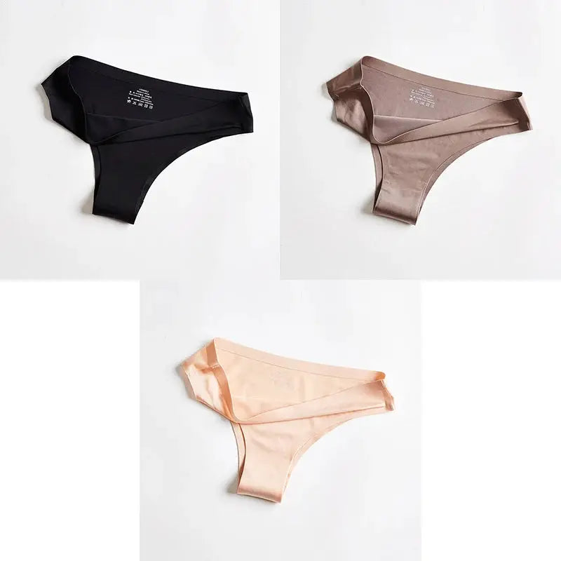 Women's seamless ice silk thong underwear 3-pack in black, taupe, peach — Simples Market
