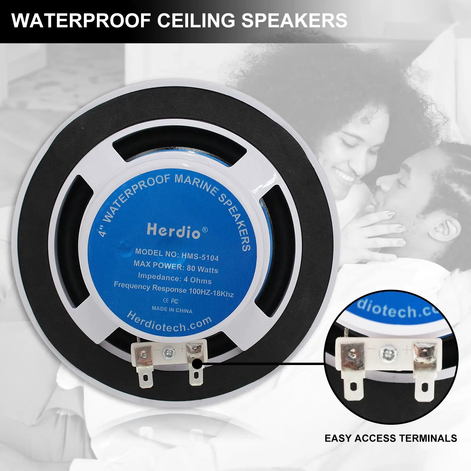 Herdio 4-inch waterproof ceiling speaker with built-in digital amp and Bluetooth for indoor use