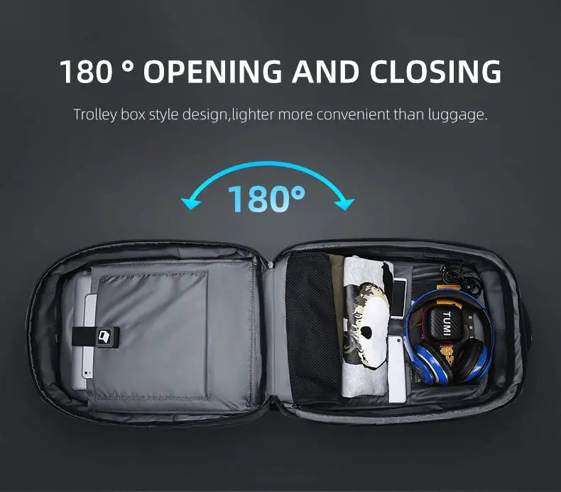 Fenruien black laptop backpack opened flat, laptop sleeve, organizer pockets, USB charging, anti-theft waterproof design