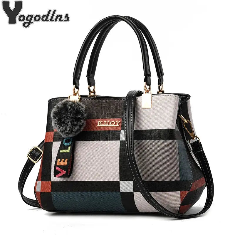 Elegant designer handbag with plaid PU leather, top handles, and detachable crossbody strap by KUOY