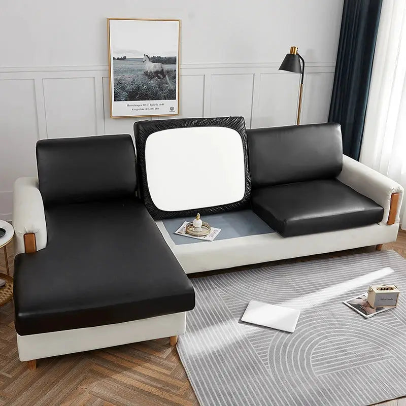 Corner sofa slipcover in black waterproof PU fabric; elastic stretch couch protector for L-shaped sofa