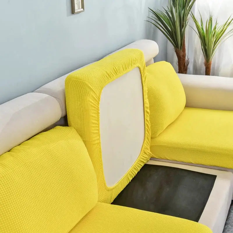 Sofa seat cushion slipcovers; set of 3 in yellow, stretchy and washable protectors