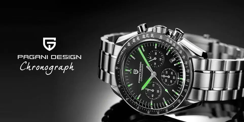 Pagani Design Chronograph men's stainless steel watch with black dial and green luminous hands