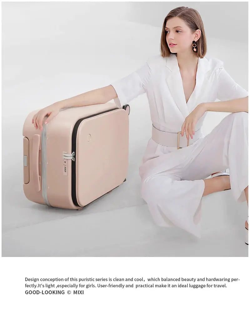 Mixi patent-design aluminum-frame carry-on suitcase in pale pink for cabin travel