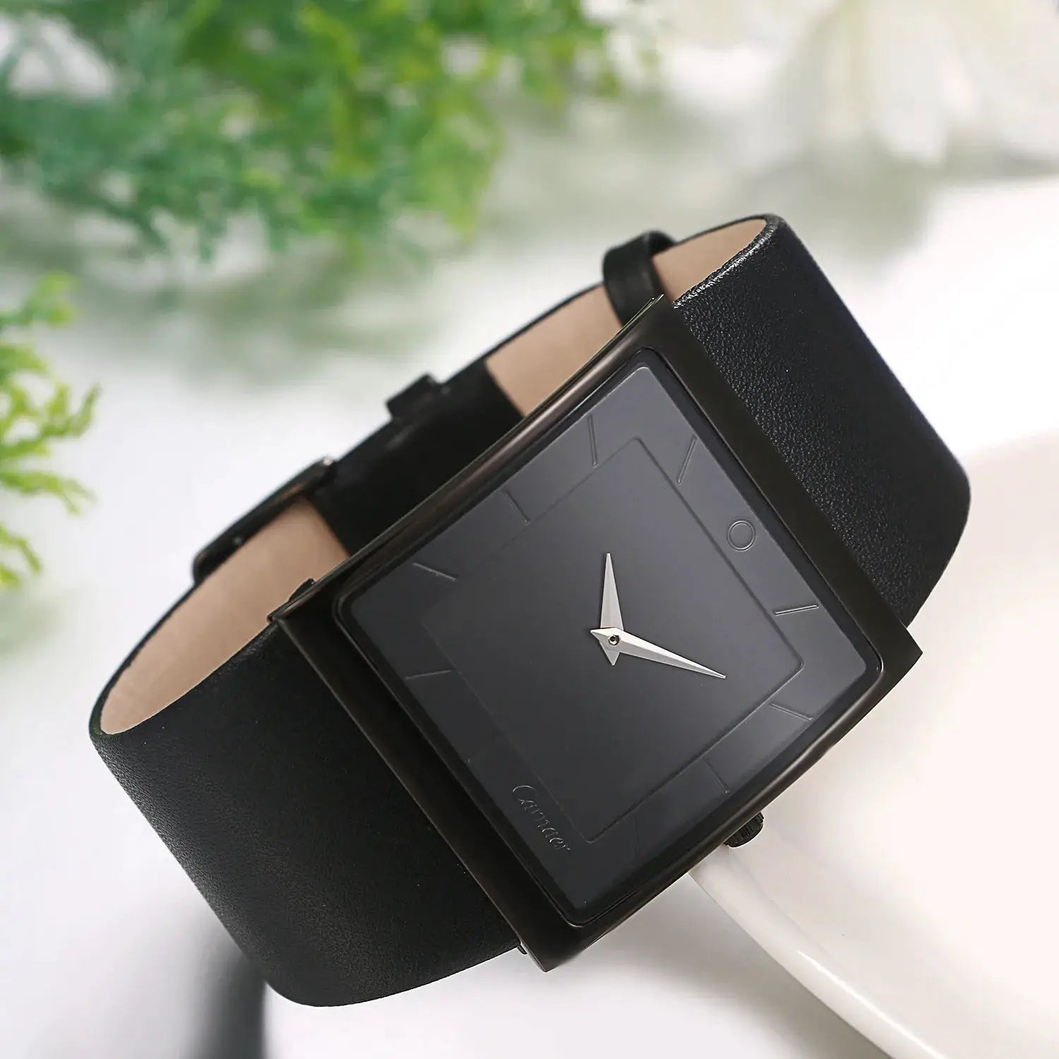 LANCARDO men's black genuine leather strap watch with square dial and silver hands