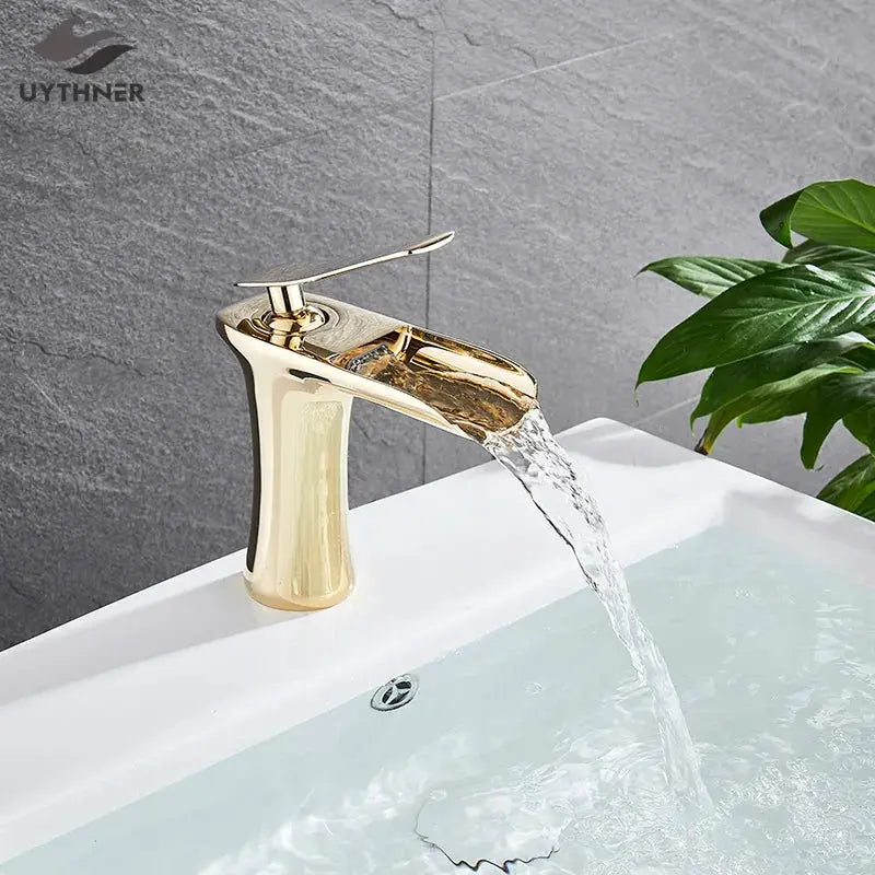 Basin faucet single-handle waterfall tap in antique brass finish for bathroom sink, Simples Market