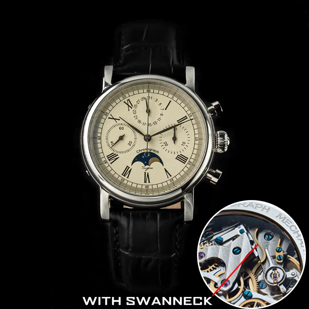 Sugess ST1908 men's mechanical chronograph watch with swanneck movement, moonphase dial, beige dial, black leather strap