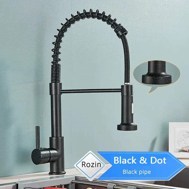 Rozin matte black deck-mounted kitchen faucet with 360° pull-down spray head