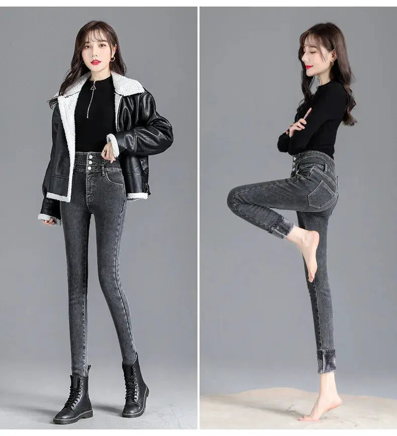 Thermal Winter Thick Fleece High Waist Stretch Skinny Jeans For Women