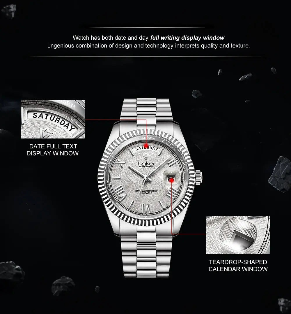 CADISEN men's mechanical watch with meteorite dial, stainless steel bracelet, calendar/date window.