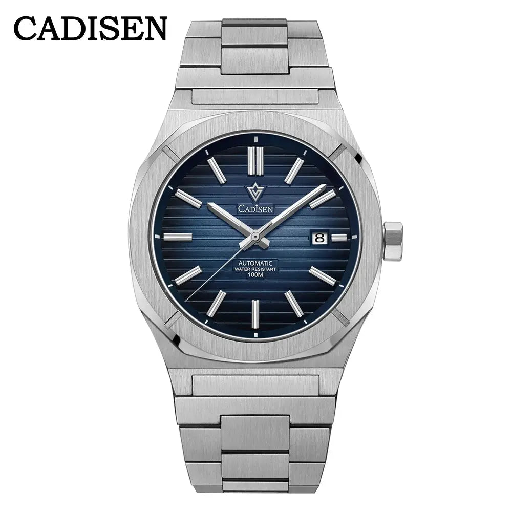 CADISEN diver watch, blue dial, stainless steel case and bracelet, automatic movement, date, 100m water resistance