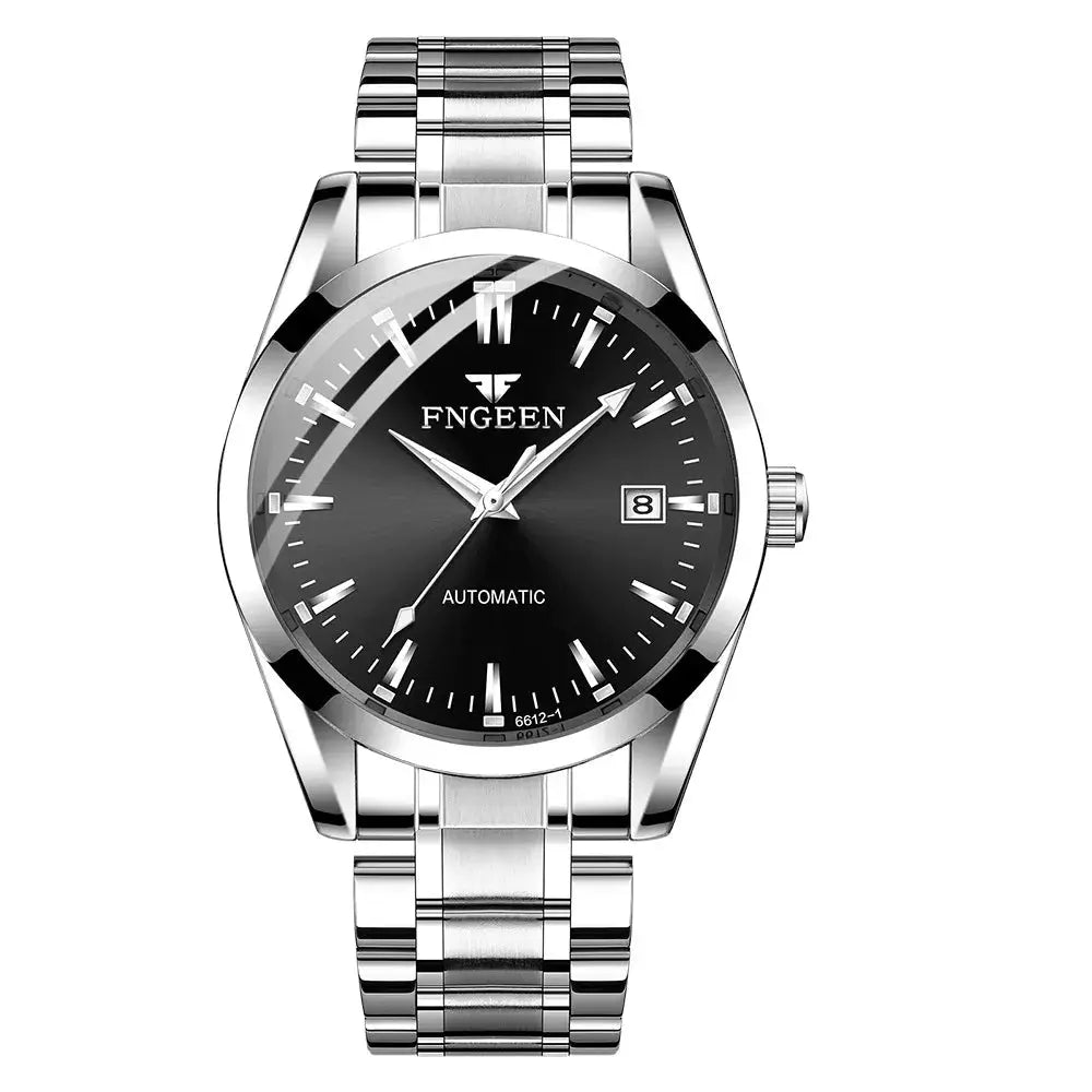 Men's automatic mechanical watch by FNGEEN with black dial, date display, and stainless steel bracelet