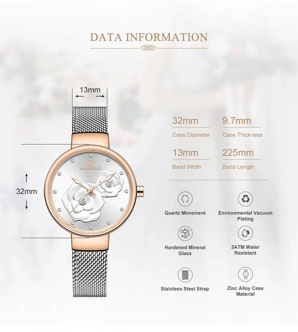 NAVIFORCE women's watch with rose-gold stainless-steel mesh band and white floral dial with crystal markers