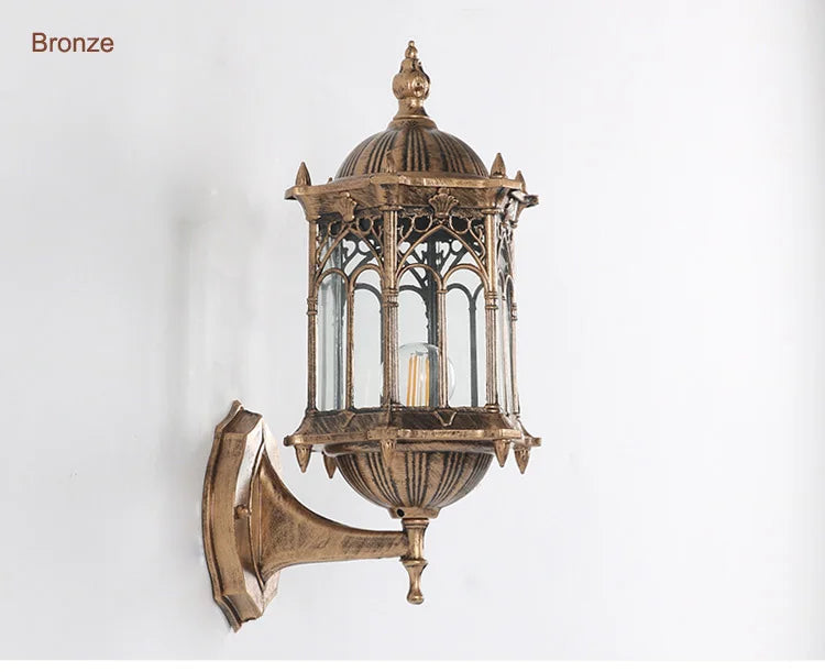Bronze outdoor wall lantern with glass panels, vintage Victorian-style sconce for courtyard or villa