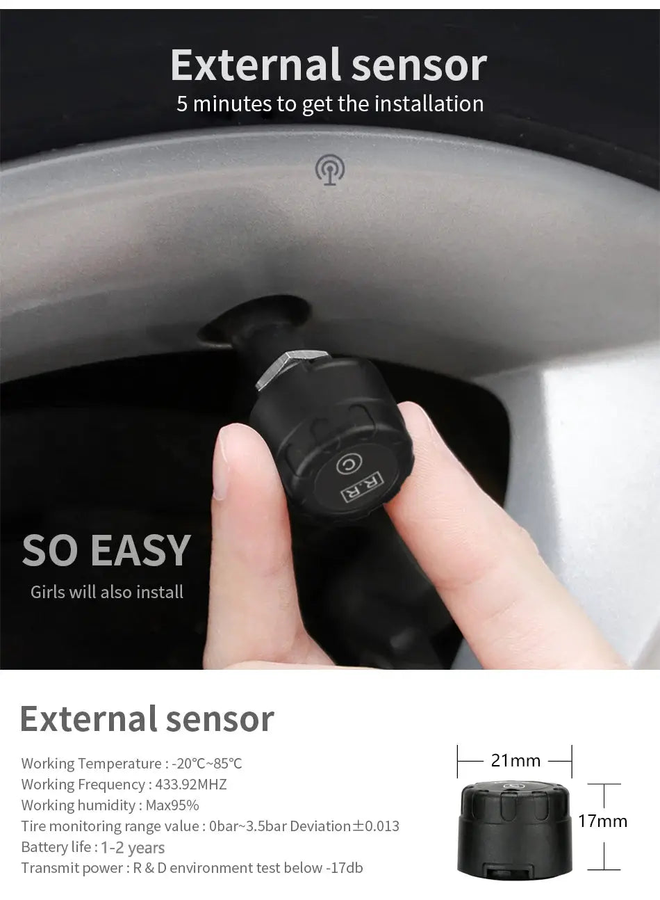 External TPMS sensor by Simples Market, wireless car tire pressure monitoring, black plastic
