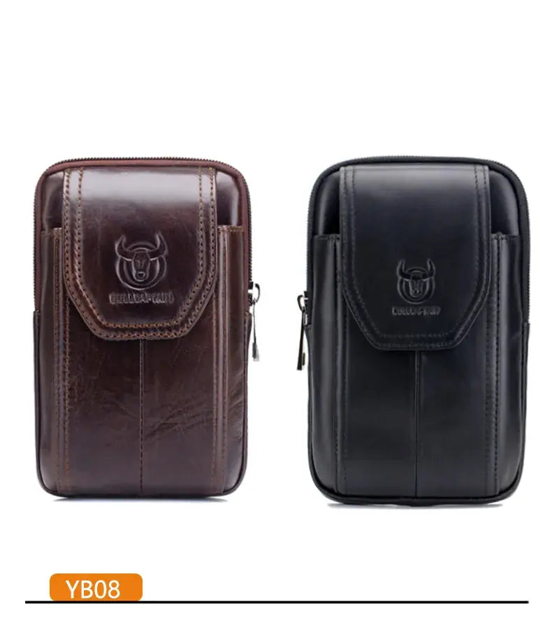 Two leather waist bags in brown and black with embossed logo, MOLLE-style fanny packs