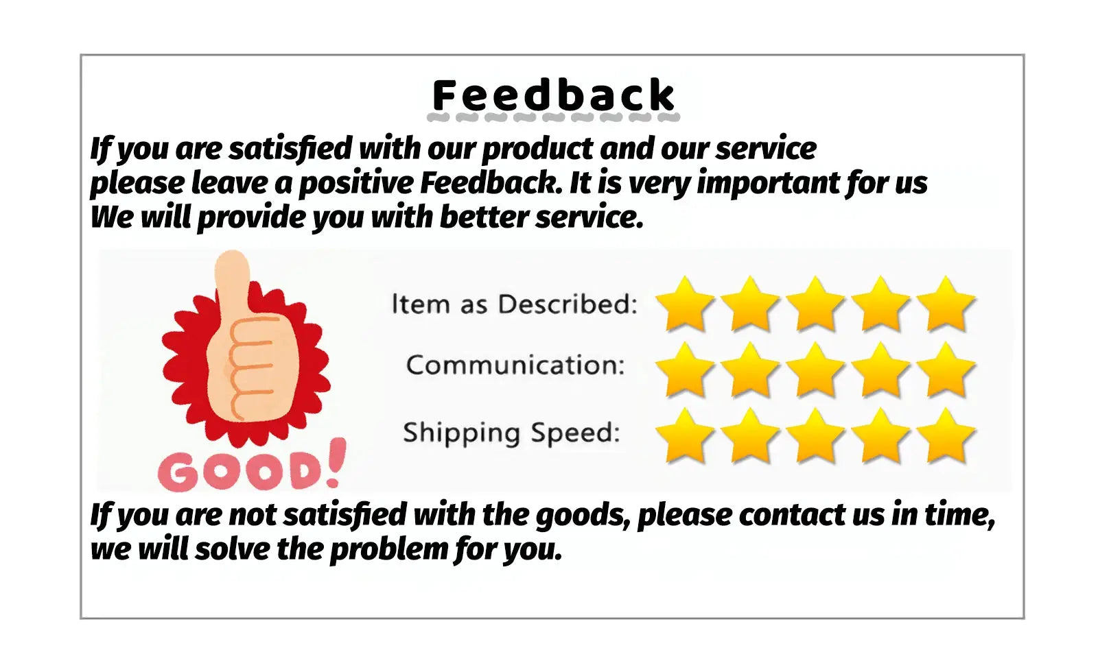 Feedback banner graphic with thumbs-up icon and 5-star ratings for item as described, communication, and shipping speed.