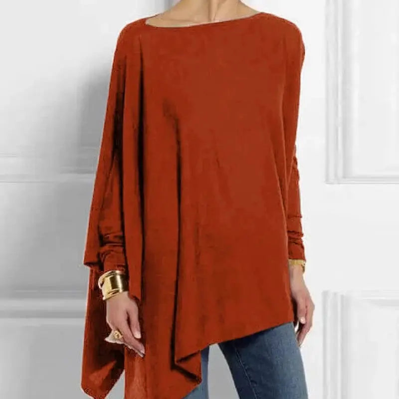 Cotton irregular women's blouse by Simples Market, rust-orange, O-neck, long-sleeve with asymmetric hem tunic.
