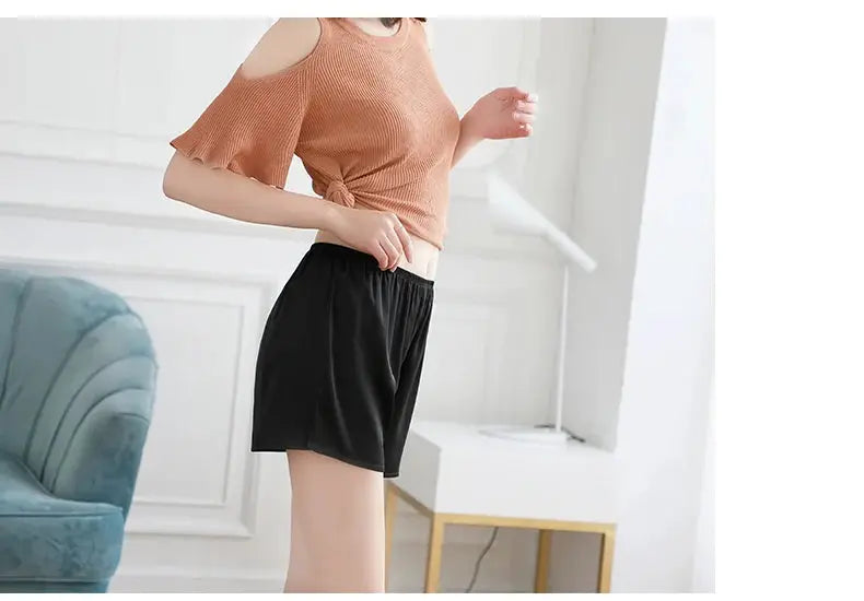 SuyaDream women's 100% real silk shorts, black, elastic waist for comfortable home wear